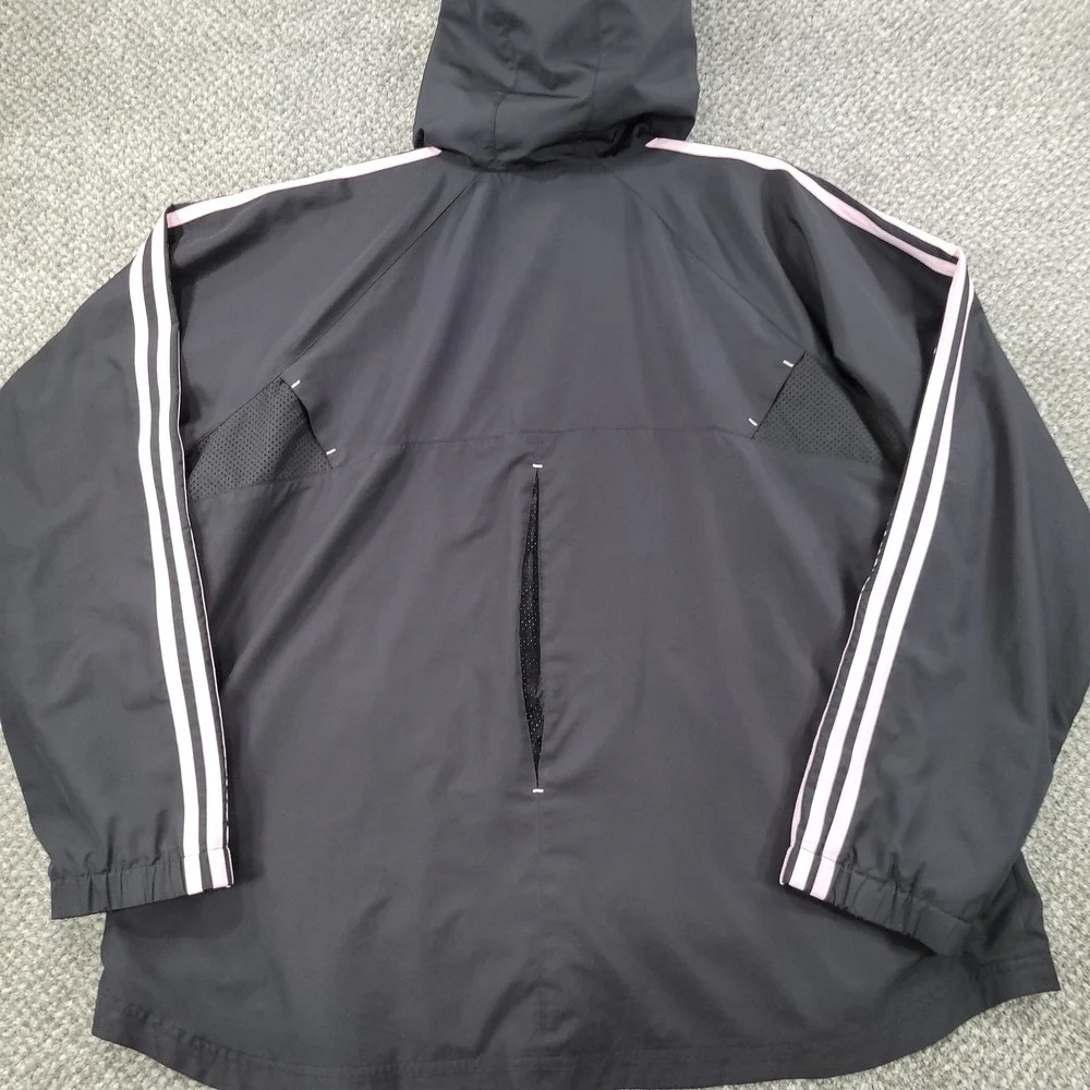 Adidas Womens 2XL Black Pink 3-Stripe Hooded Windbreaker Mesh Lined Jacket